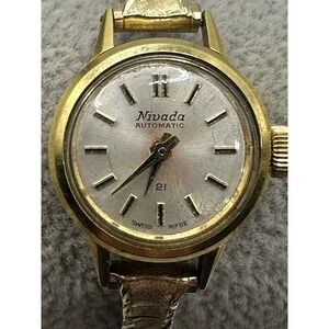 Nivada Automatic Womens Watch 21 Jewels‎ Swiss Made Gold Plated 18MM 6" Vintage